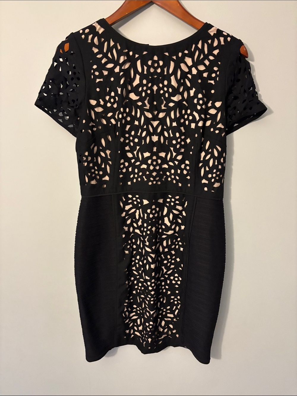 Maeve Black Laser-Cut Mini Dress with Nude Underlay